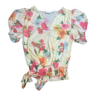 Willow + Root Floral Puff Sleeve Wrap Blouse Size L Tie Waist Boho Romantic Top